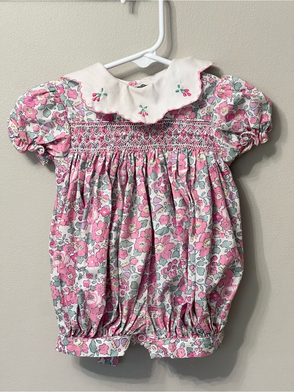 Bright Future Pink Floral Baby Girl Bubble Romper with Embroidered Collar